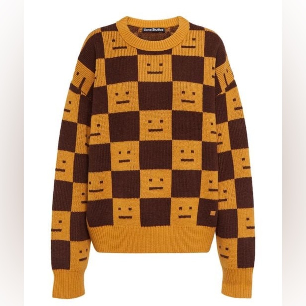 🍁☃️ACNE STUDIOS Women's Face Jacquard Wool Sweater Ochre Orange Coffee Brown - Picture 9 of 14